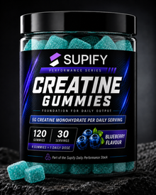 Supify Blueberry Creatine Gummies hero image – 5g creatine monohydrate, 120 gummies, 30 servings
